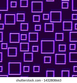 Neon seamless pattern with 80s style shiny shapes and glowing purple color
