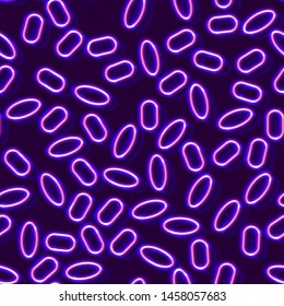 Neon seamless pattern with 80s style shiny shapes and glowing purple color