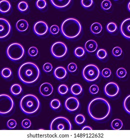 Neon seamless pattern with 80s style shiny shapes and glowing purple color