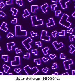 Neon seamless pattern with 80s style shiny shapes and glowing purple color