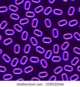 Neon seamless pattern with 80s style shiny shapes and glowing purple color