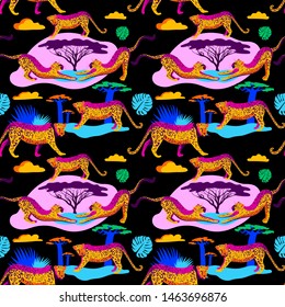Neon seamless pattern with african animals. Neon Leopard. Trend print 