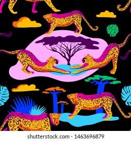 Neon seamless pattern with african animals. Neon Leopard. Trend print 