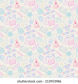 Neon Seamless pattern Back to school on a white background ,with:hat graduate, scroll, apple, books, flasks, basketball, alarm clock, briefcase, backpack, school bus, globe, ruler ,microscope