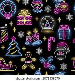 Neon seamless pattern with Christmas icons: Santa, giftbox, candy cane, candle, stocking, cristmas tree, wreathe, sleght on black background. Xmas, New Year concept for wrapping, print. Vector 10 EPS 