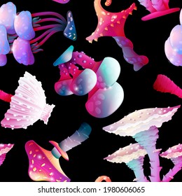 Neon Seamless Pattern with Colorful Fantasy Magic Mushrooms and Mycelium, Vector Design on a Dark Background. Fungus and Unrealistic Alien Botany with Luminous Caps. For Game Design, Cartoon, Fabric