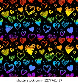 Neon Seamless Pattern With Hand Drawn Valentine Grunge Hearts In Lgbt Flag Color.