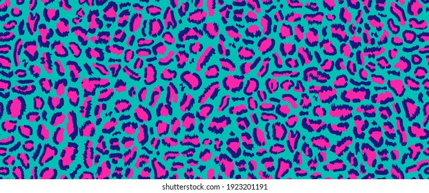 Neon seamless pattern, leopard print with acid colors in retro-futuristic 80s - 90s style. Neon leopard background in cyberpunk style. Vector seamless pattern. Exotic animals abstract background.