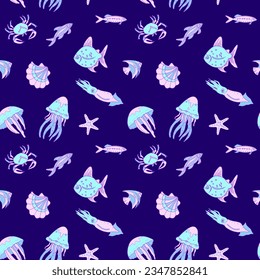 neon seamless pattern of marine animals on a dark blue background