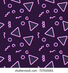 Neon seamless pattern with memphis and 80s style shapes