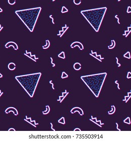 Neon seamless pattern with memphis and 80s style shapes