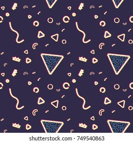 Neon seamless pattern with memphis and 80s style shapes