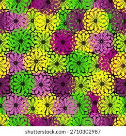 Patrón sin costuras de neón con mandalas texturizados superpuestos en forma de encaje en verde lima vibrante, amarillo eléctrico y fucsia. Atrevido, enérgico y perfecto para moda, rave y diseños juveniles.