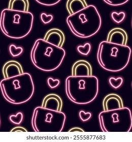 Neon seamless pattern with romantic Valentine's Day themed icons. An illustration with locks and hearts. Vector illustration on a dark background.