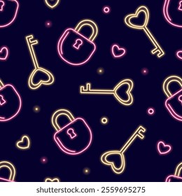 Neon seamless pattern with romantic Valentines Day themed icons. Illustration with lock, key and hearts. Vector illustration on a dark background.