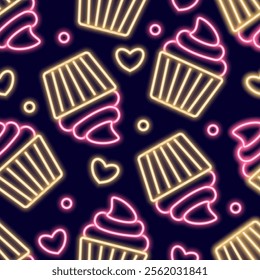 Neon seamless pattern with romantic Valentines Day themed icons. Illustration with cupcakes and hearts. Vector illustration on a dark background.