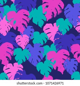 Neon Seamless Pattern Texture with Exotic Palm Leaves 
