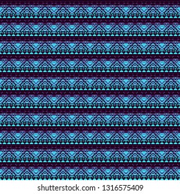 Neon seamless vector carpet. Blue folk ornament in the style of embroidery. Pixel decorative pattern for textiles.