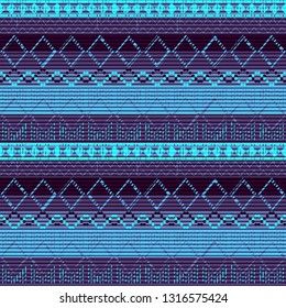 Neon seamless vector carpet. Blue folk ornament in the style of embroidery. Pixel decorative pattern for textiles.
