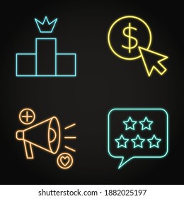 Neon SEO icon set in line style. Pay per click, customer review, marketing and ranking symbols. Vector illustration.