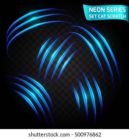 Neon Series set of cat scratch. Bright neon glowing effect. Transparent background. Abstract glowing crack, imitation effect speed. Vector illustration.
