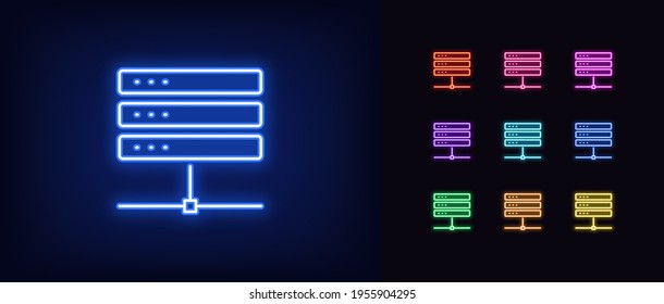 Neon server icon. Glowing neon database sign, outline datacenter pictogram in vivid colors. Cloud server, remote computing center, hosting service, SaaS. Vector icon set, sign, symbol for UI