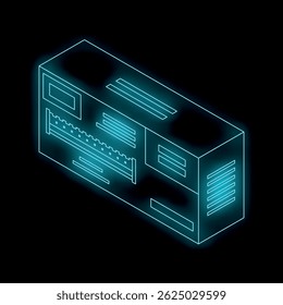 Neon server rack glowing against a black background, representing data storage and processing