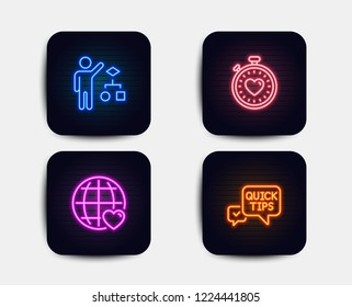 Neon set of Algorithm, Heartbeat timer and International love icons. Quick tips sign. Developers job, Love stopwatch, Internet dating. Helpful tricks. Neon algorithm icons. Glowing banners vector