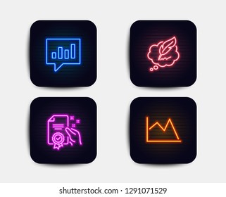 Neon set of Analytical chat, Copyright chat and Certificate icons. Line chart sign. Communication speech bubble, Speech bubble, Certified guarantee. Financial graph. Neon icons. Vector