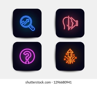 Neon set of Analytics, Question mark and Face id icons. Fireworks sign. Audit analysis, Ask support, Phone scanning. Christmas pyrotechnic. Neon icons. Glowing light banners. Vector