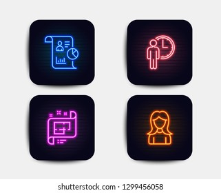 Neon set of Architectural plan, Report and Waiting icons. Woman sign. Technical project, Work statistics, Service time. Girl profile. Neon icons. Glowing light banners. Vector