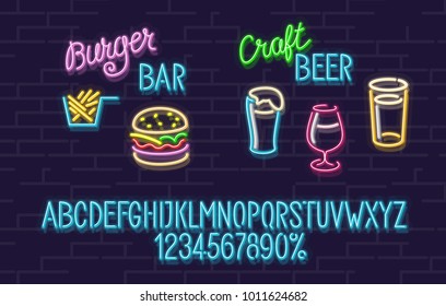 Neon set for burger and craft beer bar. Blue glowing font with uppercase letters. Stout, cherry beer and lager icons. Delicious burger and tasty fries.
