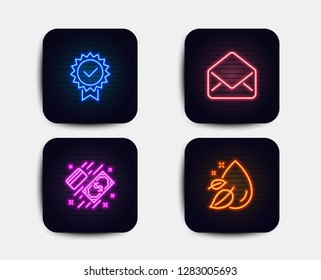 Neon conjunto de ícones de Certificado, Correio e Pagamento. Sinal de gota d'água. Prêmio verificado, e-mail, dinheiro. Óleo de soro. Ícones de néon. Bandeiras luminosas brilhantes. Vetor
