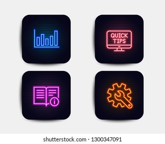 Neon set of Column chart, Technical info and Web tutorials icons. Customisation sign. Financial graph, Documentation, Quick tips. Settings. Neon icons. Glowing light banners. Vector