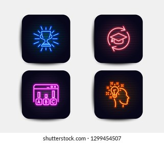 Neon set of Continuing education, Trophy and Survey results icons. Idea sign. Online education, Winner cup, Best answer. Creative designer. Neon icons. Glowing light banners. Vector
