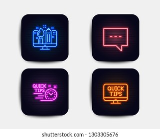 Neon set of Creative design, Blog and Quick tips icons. Web tutorials sign. Designer, Chat message, Helpful tricks. Quick tips. Neon icons. Glowing light banners. Vector