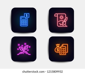 Neon set of Creative painting, Startup concept and Calculator icons. Accounting wealth sign. Graphic art, Launch project, Money management. Audit report. Neon startup icons. Vector