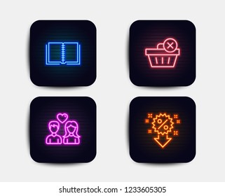 Neon set of Delete purchase, Book and Couple love icons. Discount sign. Remove from basket, E-learning course, People in love. Sale shopping. Neon icons. Glowing light banners. Vector