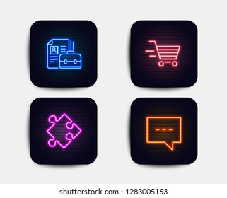 Neon set of Delivery shopping, Strategy and Vacancy icons. Blog sign. Online buying, Puzzle, Hiring job. Chat message. Neon icons. Glowing light banners. Vector