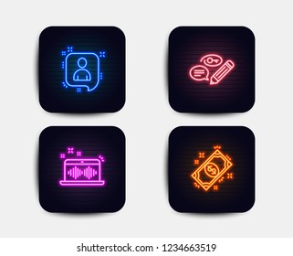 Neon set of Developers chat, Music making and Keywords icons. Payment sign. Manager talk, Dj app, Pencil with key. Finance. Neon icons. Glowing light banners. Vector