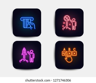 Neon set of Discount, Launch project and Credit card icons. Correct checkbox sign. Sale shopping, Business innovation, Atm payment. Answer. Neon icons. Glowing light banners. Vector