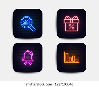 Neon set of Discount offer, Data analysis and Clock bell icons. Histogram sign. Gift box, Magnifying glass, Alarm. Economic trend. Neon discount icons. Glowing light banners. Vector