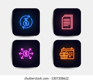 Neon set of Dollar exchange, Copy files and Money exchange icons. Christmas calendar sign. Payment, Copying documents, Cash in bag. Presents day. Neon icons. Glowing light banners