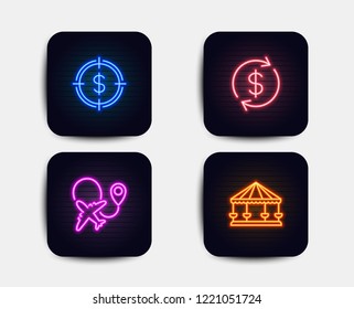 Neon set of Dollar target, Usd exchange and Airplane icons. Carousels sign. Aim with usd, Currency rate, Plane. Attraction park. Neon icons. Glowing light banners. Vector