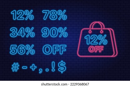 Neon conjunto de elementos y números para la venta, descuentos en el sitio web de la tienda. Icono de la compra del vector