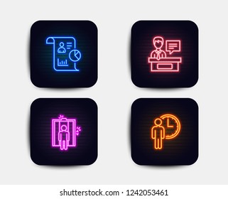 Neon set of Elevator, Report and Exhibitors icons. Waiting sign. Lift, Work statistics, Information desk. Service time. Neon icons. Glowing light banners. Vector