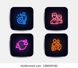 Neon set of Employee, User communication and Couple icons. Dating chat sign. Cogwheel, Human resources, Male and female. People love. Neon icons. Glowing light banners. Vector