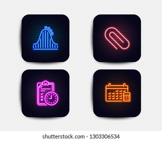 Neon set of Exam time, Roller coaster and Paper clip icons. Calendar sign. Checklist, Attraction park, Attach paperclip. Calculator device. Neon icons. Glowing light banners. Vector