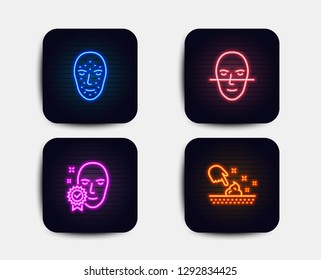 Neon set of Face biometrics, Face recognition and Skin moisture icons. Facial recognition, Faces biometrics, Access granted. Wet cream. Neon icons. Glowing light banners. Vector
