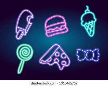 Neon set of food and candy. Doodle.